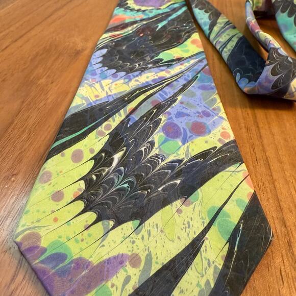 Moth Hand Marbled Silk Necktie Abstract Swirl Watercolor Sausalito, California - Picture 4 of 7